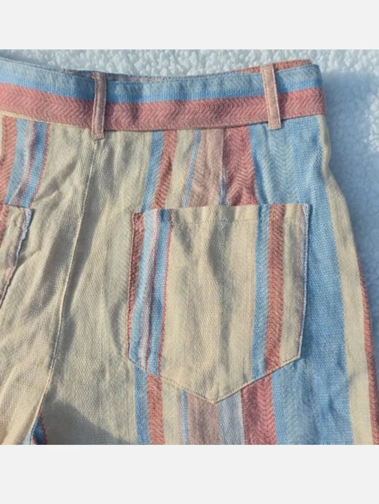 NWT Anthropologie Beachy Wide-Leg Pants w Belt Size 4 Yellow Blue Linen Pockets - Picture 15 of 16